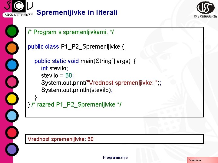 Spremenljivke in literali /* Program s spremenljivkami. */ public class P 1_P 2_Spremenljivke {