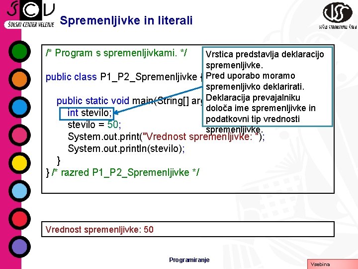 Spremenljivke in literali /* Program s spremenljivkami. */ Vrstica predstavlja deklaracijo spremenljivke. public class