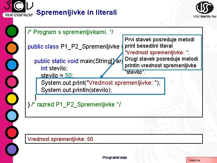 Spremenljivke in literali /* Program s spremenljivkami. */ Prvi stavek posreduje metodi public class