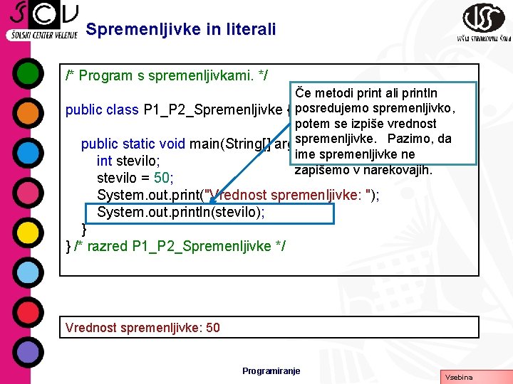 Spremenljivke in literali /* Program s spremenljivkami. */ Če metodi print ali println public