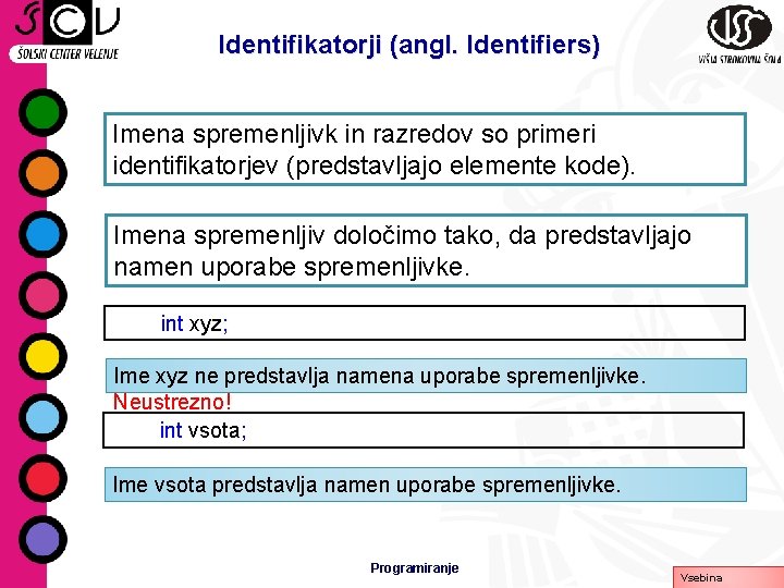 Identifikatorji (angl. Identifiers) Imena spremenljivk in razredov so primeri identifikatorjev (predstavljajo elemente kode). Imena