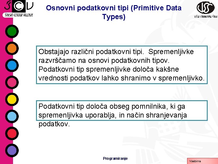 Osnovni podatkovni tipi (Primitive Data Types) Obstajajo različni podatkovni tipi. Spremenljivke razvrščamo na osnovi