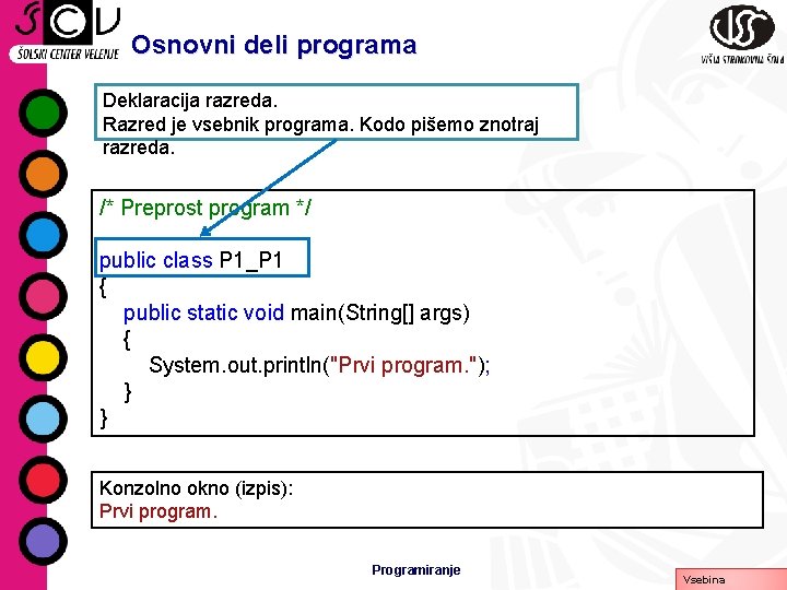 Osnovni deli programa Deklaracija razreda. Razred je vsebnik programa. Kodo pišemo znotraj razreda. /*