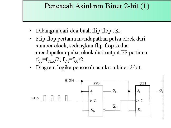 Pencacah Asinkron Biner 2 -bit (1) • Dibangun dari dua buah flip-flop JK. •