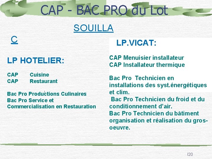 CAP - BAC PRO du Lot SOUILLA C LP. VICAT: LP HOTELIER: CAP Cuisine