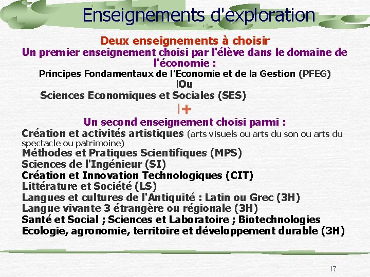 Enseignements d'exploration Deux enseignements à choisir Un premier enseignement choisi par l'élève dans le