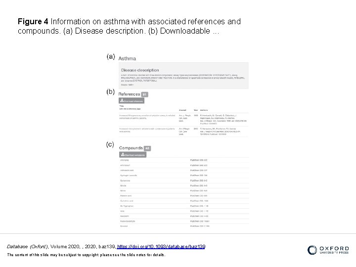 Figure 4 Information on asthma with associated references and compounds. (a) Disease description. (b)
