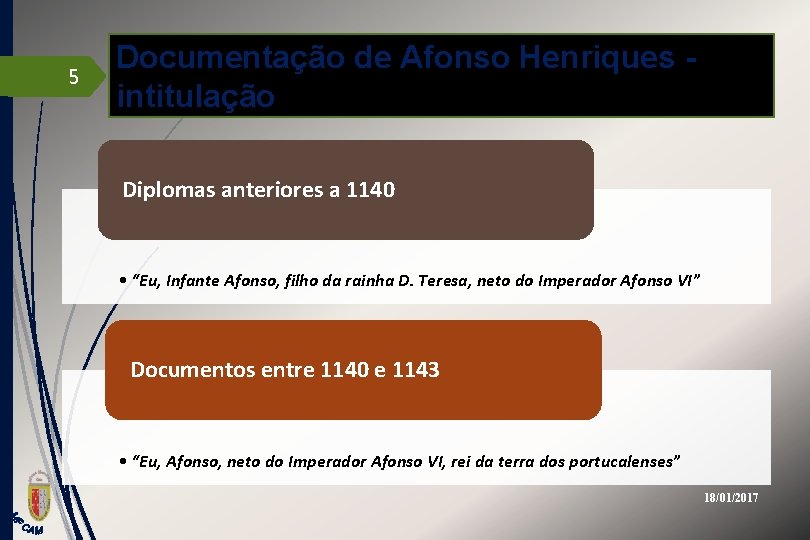 5 Documentação de Afonso Henriques intitulação Diplomas anteriores a 1140 • “Eu, Infante Afonso,