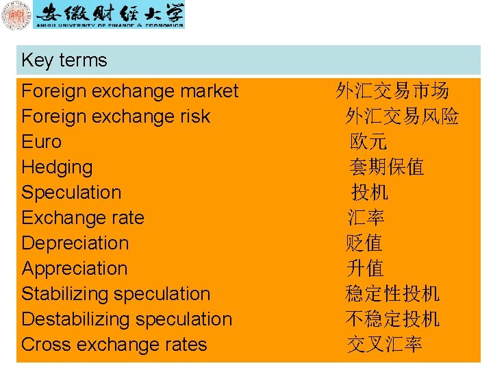 Key terms Foreign exchange market Foreign exchange risk Euro Hedging Speculation Exchange rate Depreciation