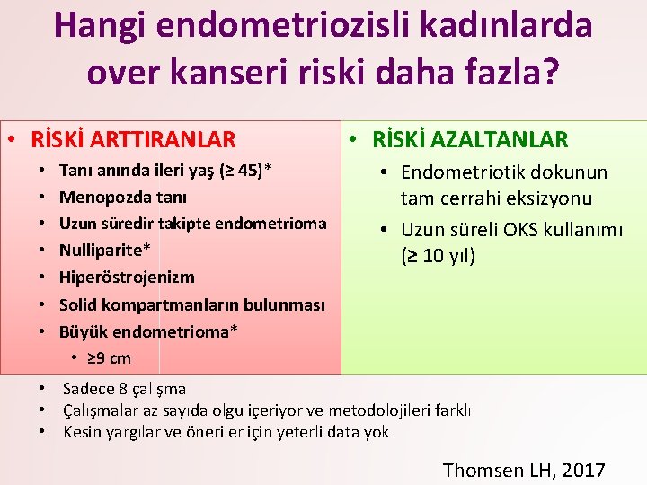 Hangi endometriozisli kadınlarda over kanseri riski daha fazla? • RİSKİ ARTTIRANLAR • • Tanı