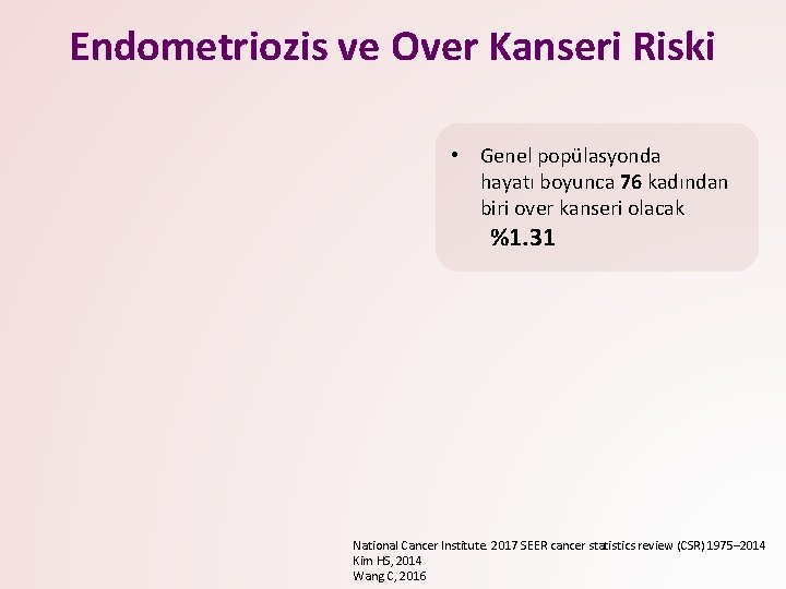 Endometriozis ve Over Kanseri Riski • Genel popülasyonda hayatı boyunca 76 kadından biri over