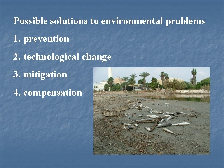 Possible solutions to environmental problems 1. prevention 2. technological change 3. mitigation 4. compensation