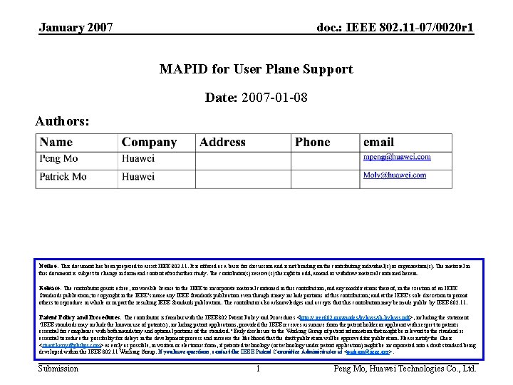 January 2007 doc. : IEEE 802. 11 -07/0020 r 1 MAPID for User Plane