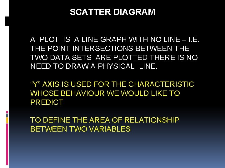 SCATTER DIAGRAM A PLOT IS A LINE GRAPH WITH NO LINE – I. E.