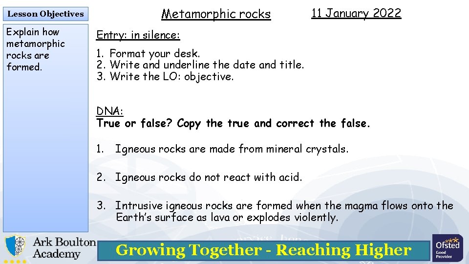 Metamorphic rocks Lesson Objectives Explain how metamorphic rocks are formed. 11 January 2022 Entry: