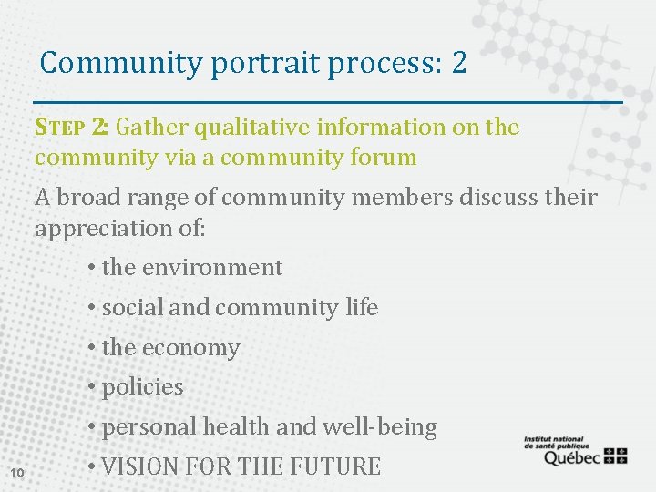 Community portrait process: 2 STEP 2: Gather qualitative information on the community via a