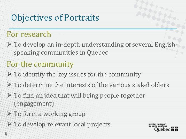 Objectives of Portraits For research Ø To develop an in-depth understanding of several Englishspeaking
