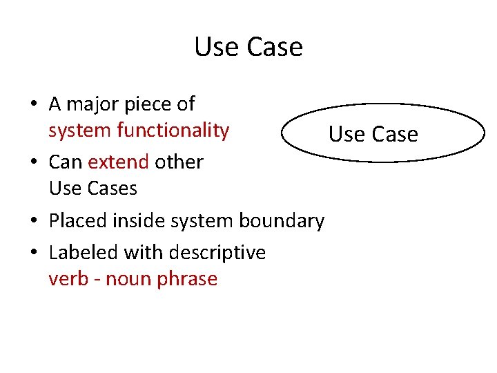 Use Case • A major piece of system functionality Use Case • Can extend