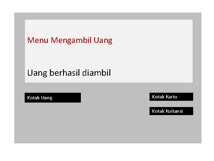 Menu Mengambil Uang berhasil diambil Kotak Uang Kotak Kartu Kotak Kuitansi 