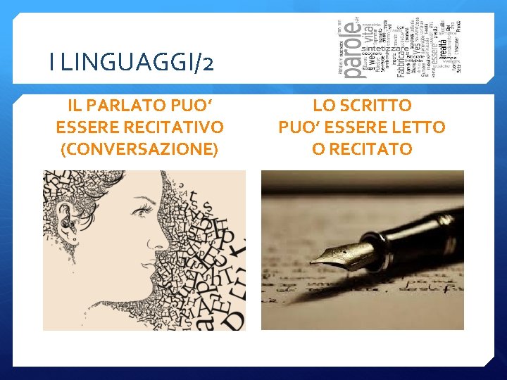 I LINGUAGGI/2 IL PARLATO PUO’ ESSERE RECITATIVO (CONVERSAZIONE) LO SCRITTO PUO’ ESSERE LETTO O
