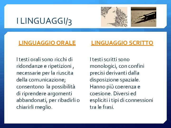 I LINGUAGGI/3 LINGUAGGIO ORALE LINGUAGGIO SCRITTO I testi orali sono ricchi di ridondanze e
