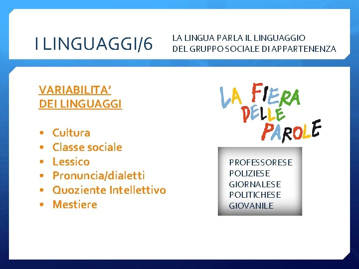 I LINGUAGGI/6 LA LINGUA PARLA IL LINGUAGGIO DEL GRUPPO SOCIALE DI APPARTENENZA VARIABILITA’ DEI