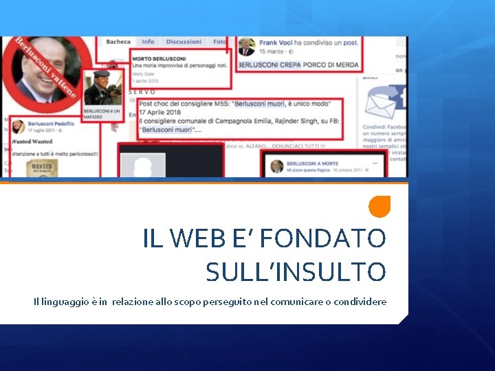 IL WEB E’ FONDATO SULL’INSULTO Il linguaggio è in relazione allo scopo perseguito nel