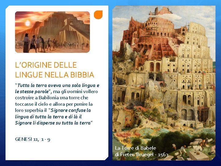 L’ORIGINE DELLE LINGUE NELLA BIBBIA “Tutta la terra aveva una sola lingua e le