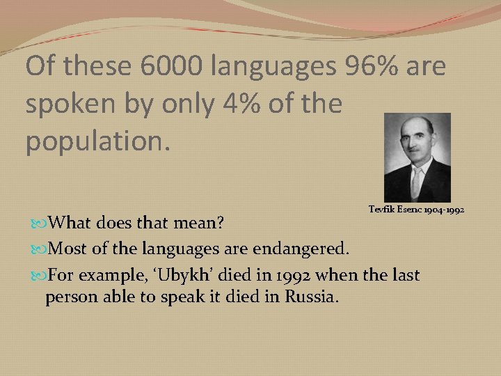 Of these 6000 languages 96% are spoken by only 4% of the population. Tevfik