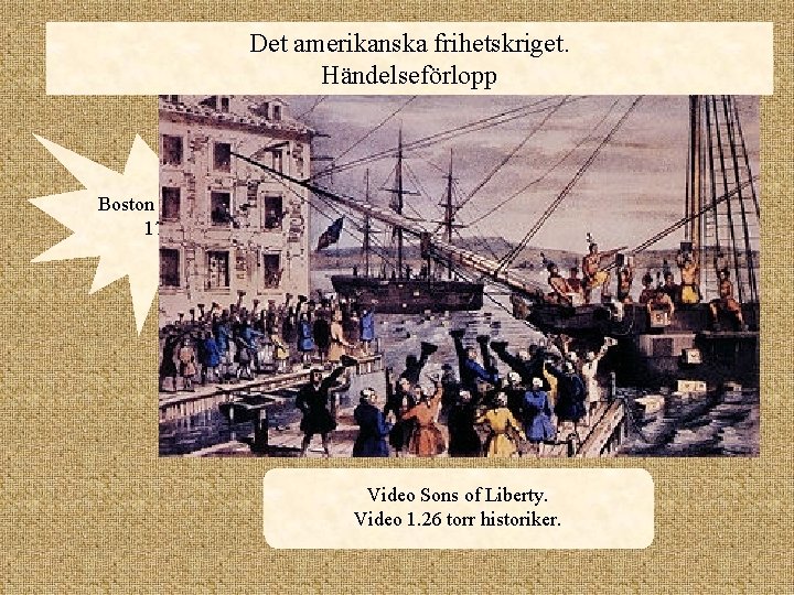 Det amerikanska frihetskriget. Händelseförlopp Boston Tea Party 1773. Video Sons of Liberty. Vad hände