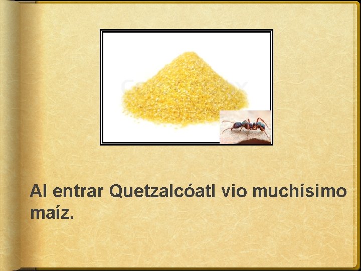 Al entrar Quetzalcóatl vio muchísimo maíz. 