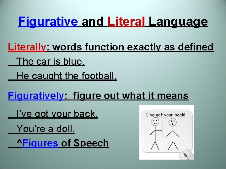 Figurative and Literal Language Literally: words function exactly as defined The car is blue.