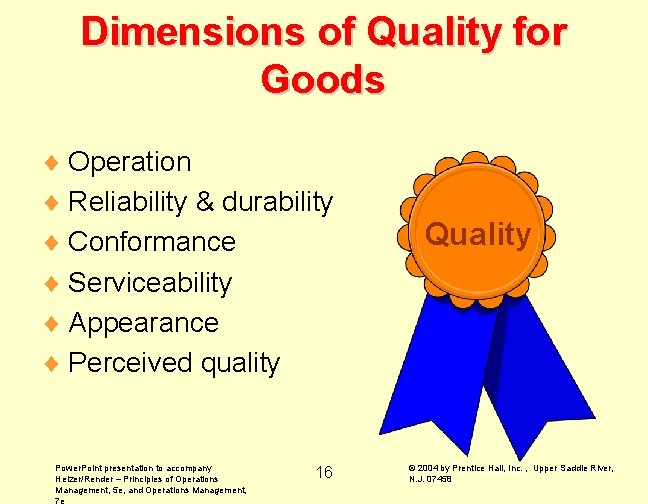 Dimensions of Quality for Goods ¨ Operation ¨ Reliability & durability ¨ Conformance ¨