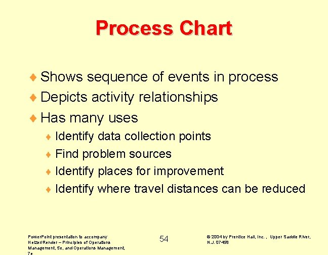 Process Chart ¨ Shows sequence of events in process ¨ Depicts activity relationships ¨