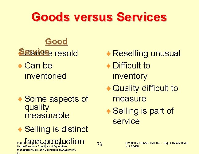 Goods versus Services Good Service ¨ Can be resold ¨ Can be inventoried ¨