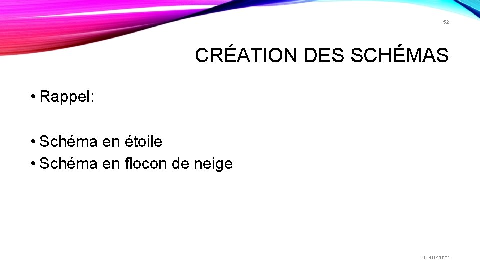 52 CRÉATION DES SCHÉMAS • Rappel: • Schéma en étoile • Schéma en flocon 52 CRÉATION DES SCHÉMAS • Rappel: • Schéma en étoile • Schéma en flocon