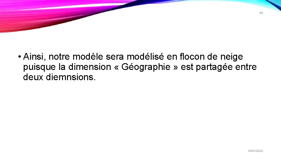 55 • Ainsi, notre modèle sera modélisé en flocon de neige puisque la dimension 55 • Ainsi, notre modèle sera modélisé en flocon de neige puisque la dimension