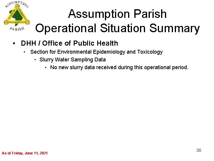 Assumption Parish Operational Situation Summary • DHH / Office of Public Health • Section