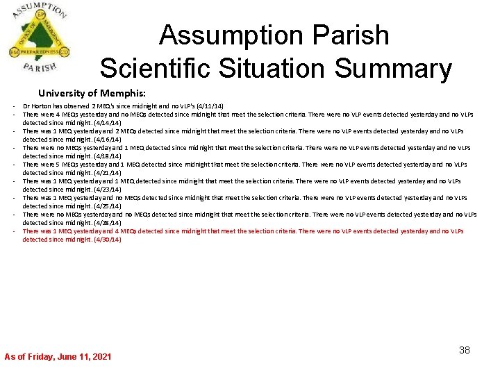 Assumption Parish Scientific Situation Summary University of Memphis: - Dr Horton has observed 2