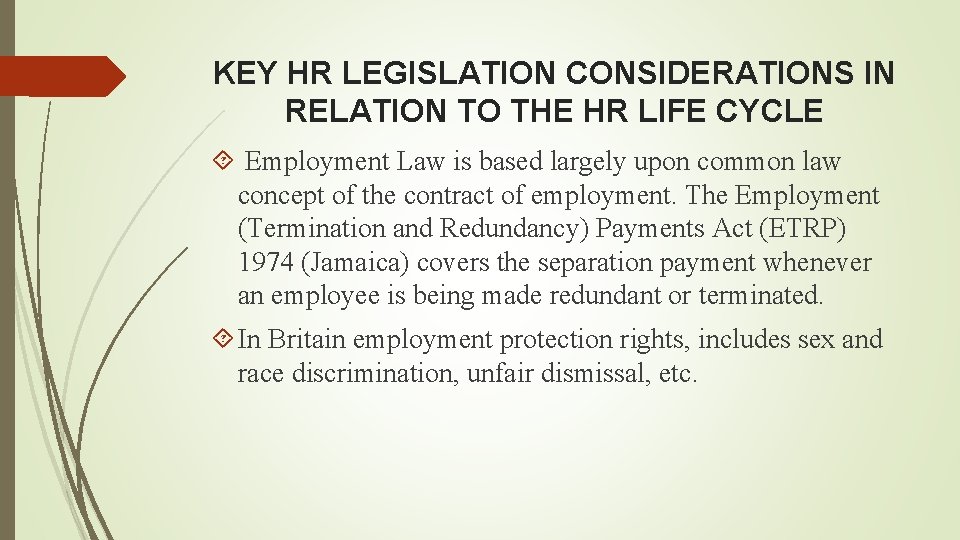 KEY HR LEGISLATION CONSIDERATIONS IN RELATION TO THE HR LIFE CYCLE Employment Law is