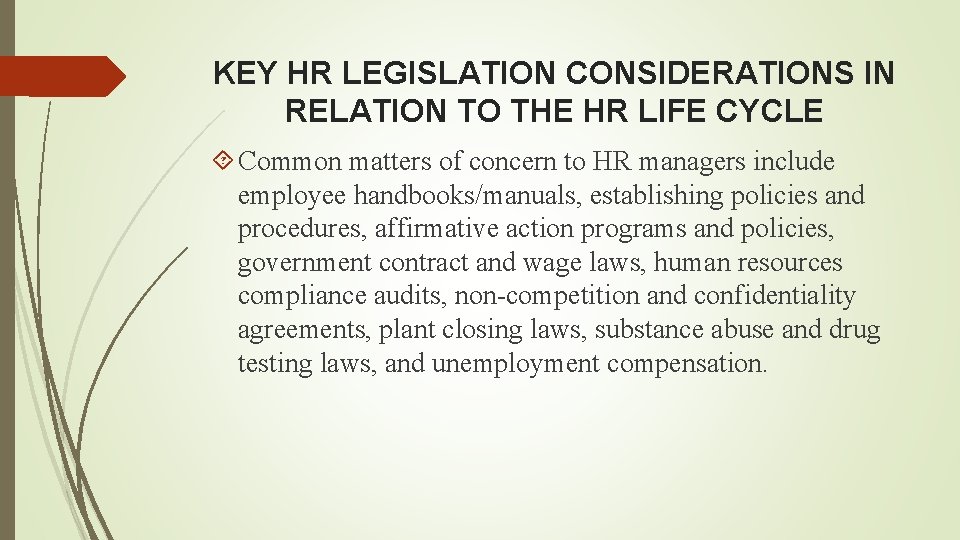 KEY HR LEGISLATION CONSIDERATIONS IN RELATION TO THE HR LIFE CYCLE Common matters of