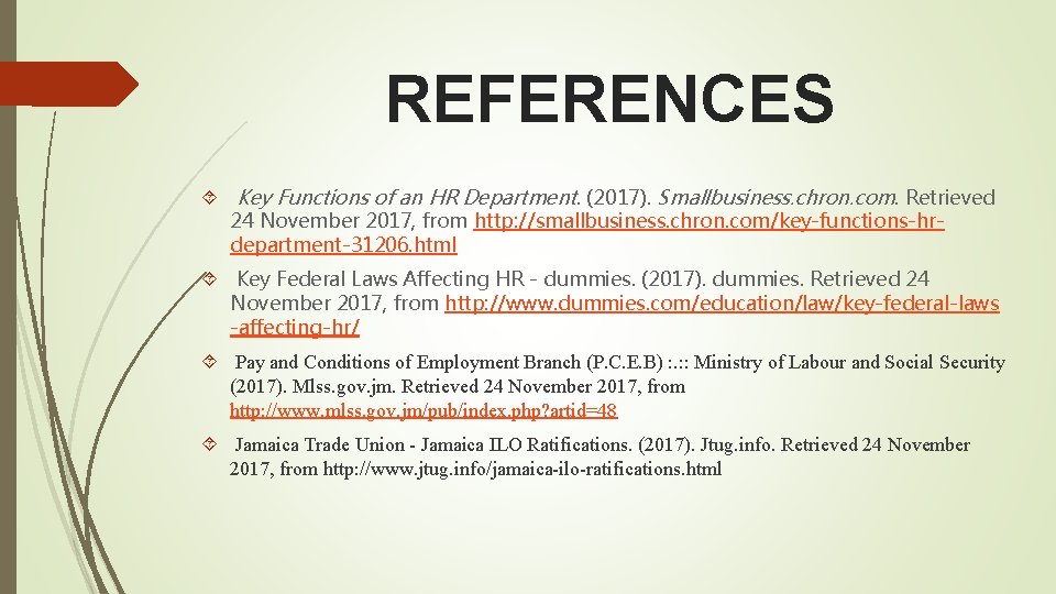 REFERENCES Key Functions of an HR Department. (2017). Smallbusiness. chron. com. Retrieved 24 November