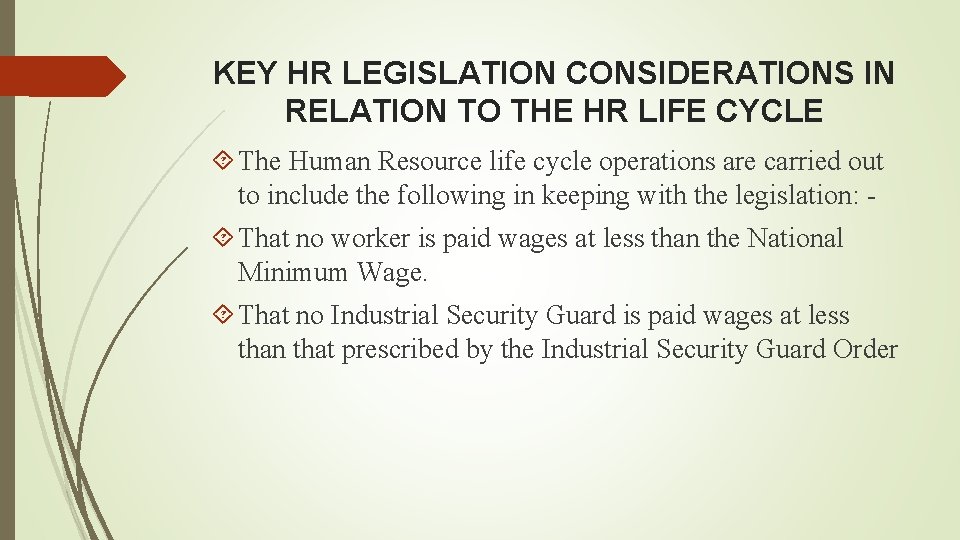 KEY HR LEGISLATION CONSIDERATIONS IN RELATION TO THE HR LIFE CYCLE The Human Resource