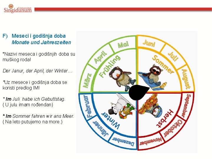 F) Meseci i godišnja doba Monate und Jahreszeiten *Nazivi meseca i godišnjih doba su