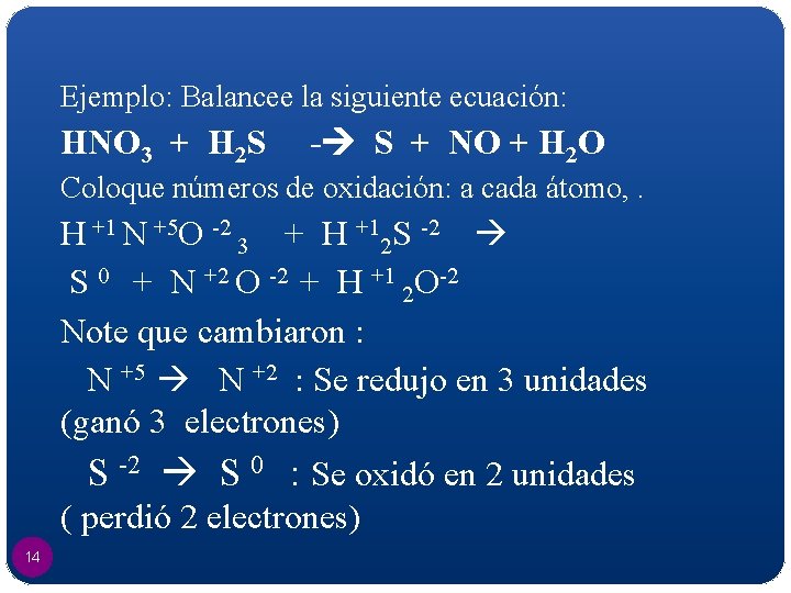 Ejemplo: Balancee la siguiente ecuación: HNO 3 + H 2 S - S +