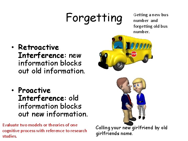 Forgetting Getting a new bus number and forgetting old bus number. • Retroactive Interference: