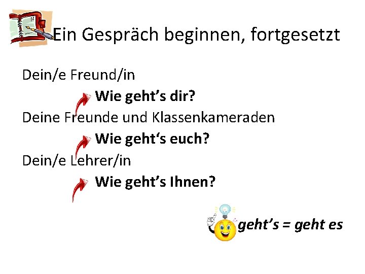 Ein Gespräch beginnen, fortgesetzt Dein/e Freund/in Wie geht’s dir? Deine Freunde und Klassenkameraden Wie