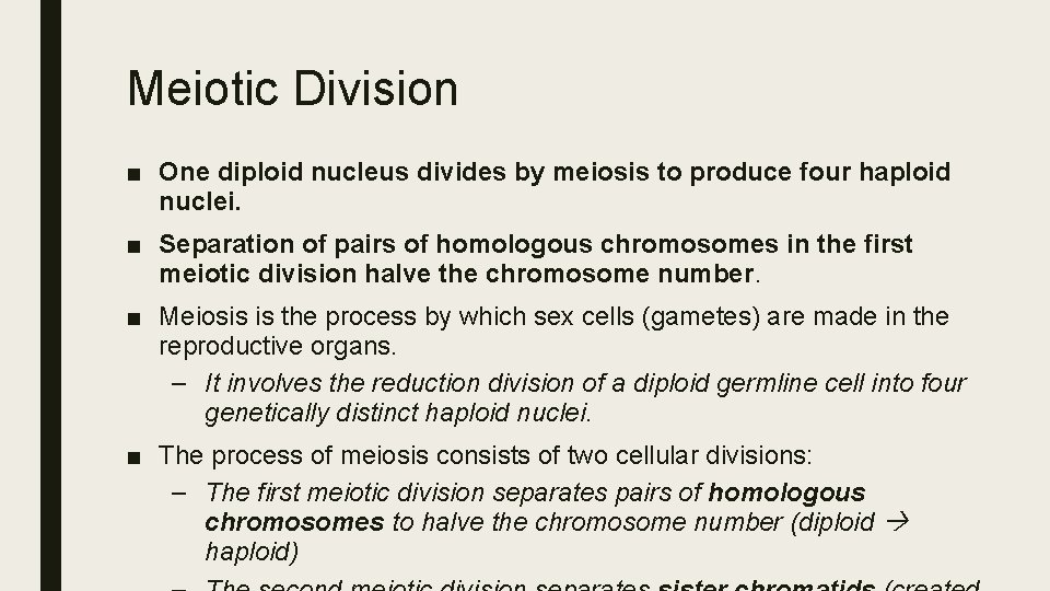 Meiotic Division ■ One diploid nucleus divides by meiosis to produce four haploid nuclei.