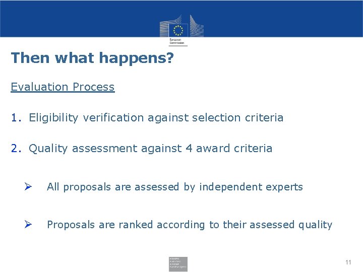 Then what happens? Evaluation Process 1. Eligibility verification against selection criteria 2. Quality assessment