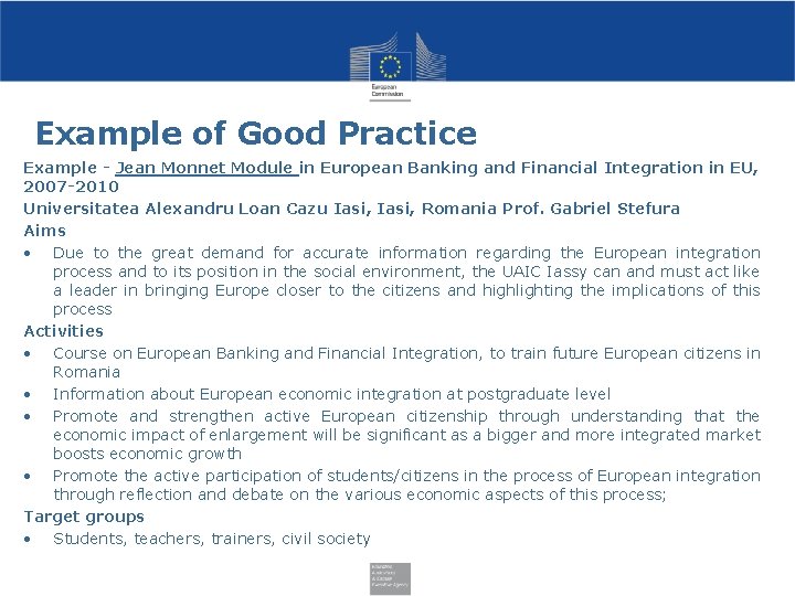 Example of Good Practice Example - Jean Monnet Module in European Banking and Financial